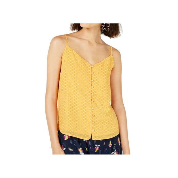 MAISON JULES Tops - MAISON JULES Womens Gold Button Front Spaghetti Strap V Neck Tank Top Size: XXS